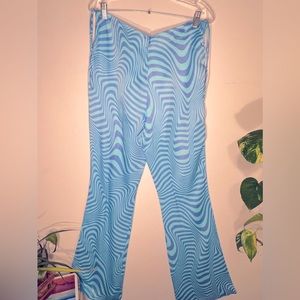 ZARA - XL - Blue, swirl pattern, satin feel flared pants w/ side ties - NWT